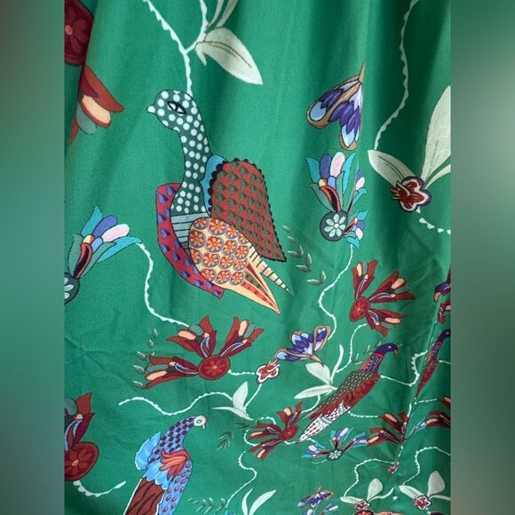 🦚 Alemais-Inspired Green Shirt Dress – EUC – Fall Birds + Button Front 🦚 - Picture 3 of 5